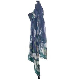 Floral Sheer Wrap Scarf Womens Navy Blue Boho Garden Party Resort Shawl